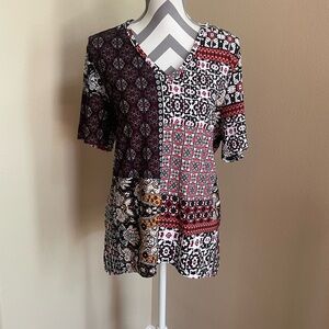 Jules & Leopold Mixed Patchwork V-Neck Short Sleeve Top - Shirt - Size: Large